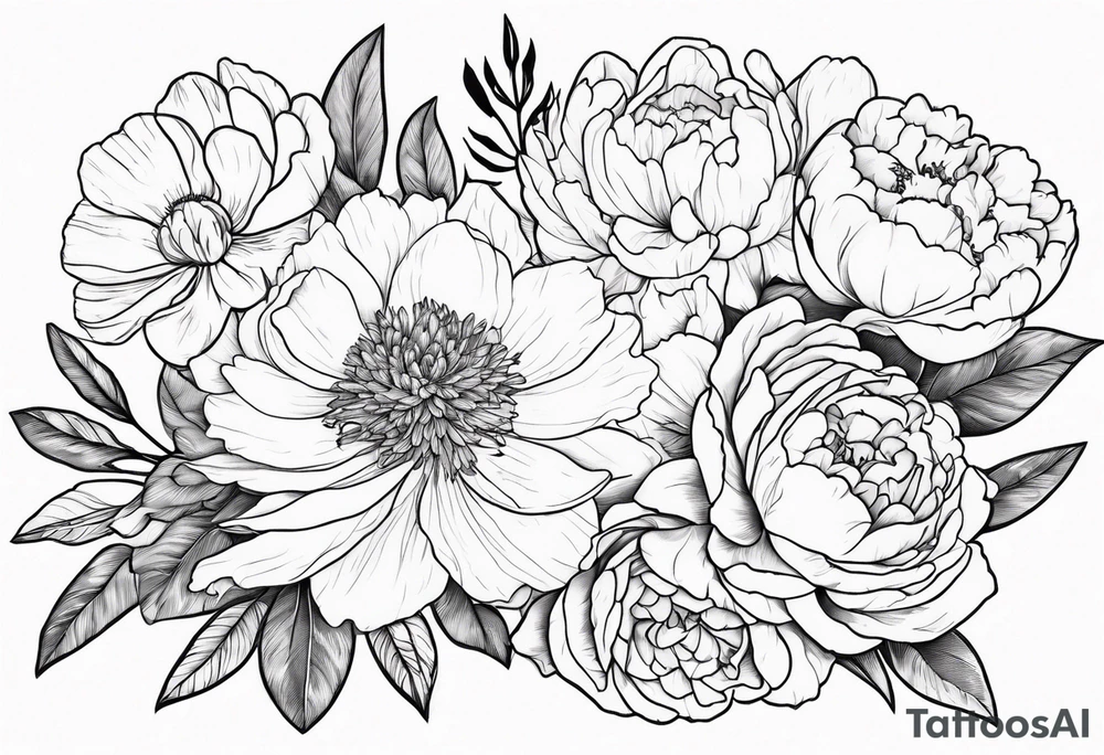 tattoo design with all these flowers peony, carnation, daffodil, daphne, dahlia, desiree, daisy and rose tattoo idea