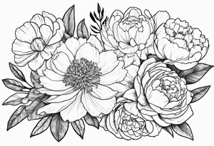 tattoo design with all these flowers peony, carnation, daffodil, daphne, dahlia, desiree, daisy and rose tattoo idea