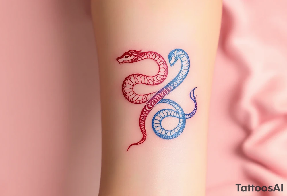 A minimalist twin snake design, one outlined in red and the other in blue, intertwined in a spiral and With word "Gemini" tattoo idea