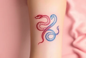 A minimalist twin snake design, one outlined in red and the other in blue, intertwined in a spiral and With word "Gemini" tattoo idea