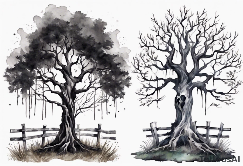 A black tree and a white tree intertwining branches in a field with a fence and headstones tattoo idea