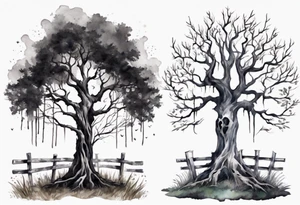 A black tree and a white tree intertwining branches in a field with a fence and headstones tattoo idea