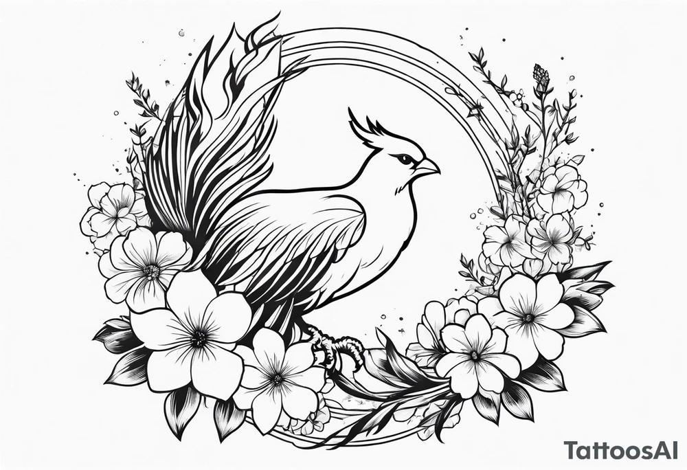 A phoenix surrounded by blooming flowers tattoo idea