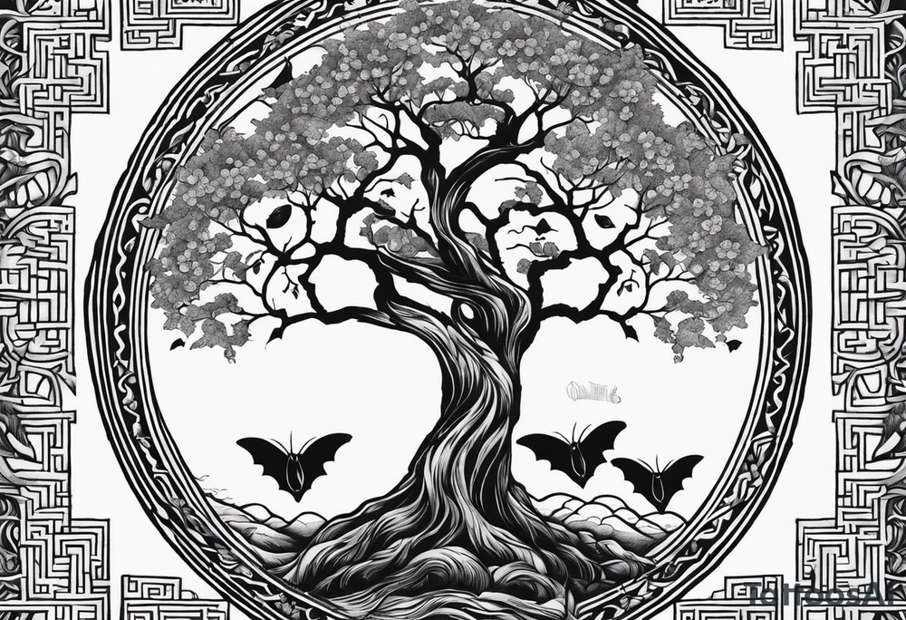 cross tree of life bats tattoo idea