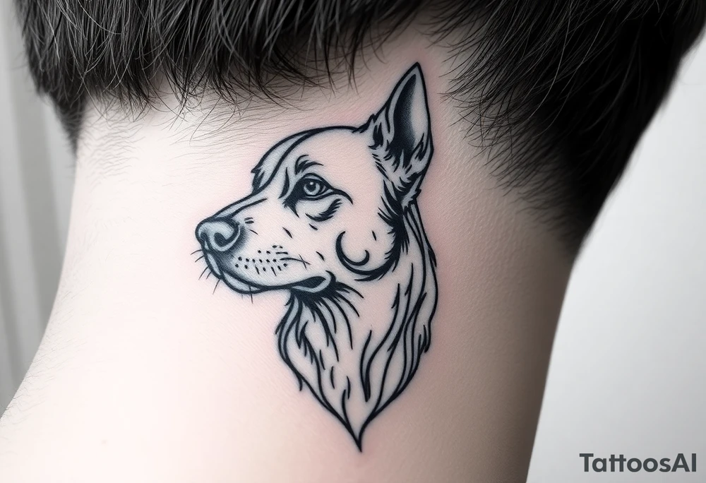 One lined black ink art . Of dog/Aquarius elegant portrait. On side of neck tattoo idea