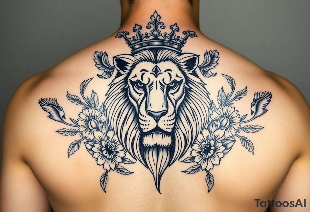 powerful majestic lion with a crown, surrounded by floral ornaments and birds tattoo idea