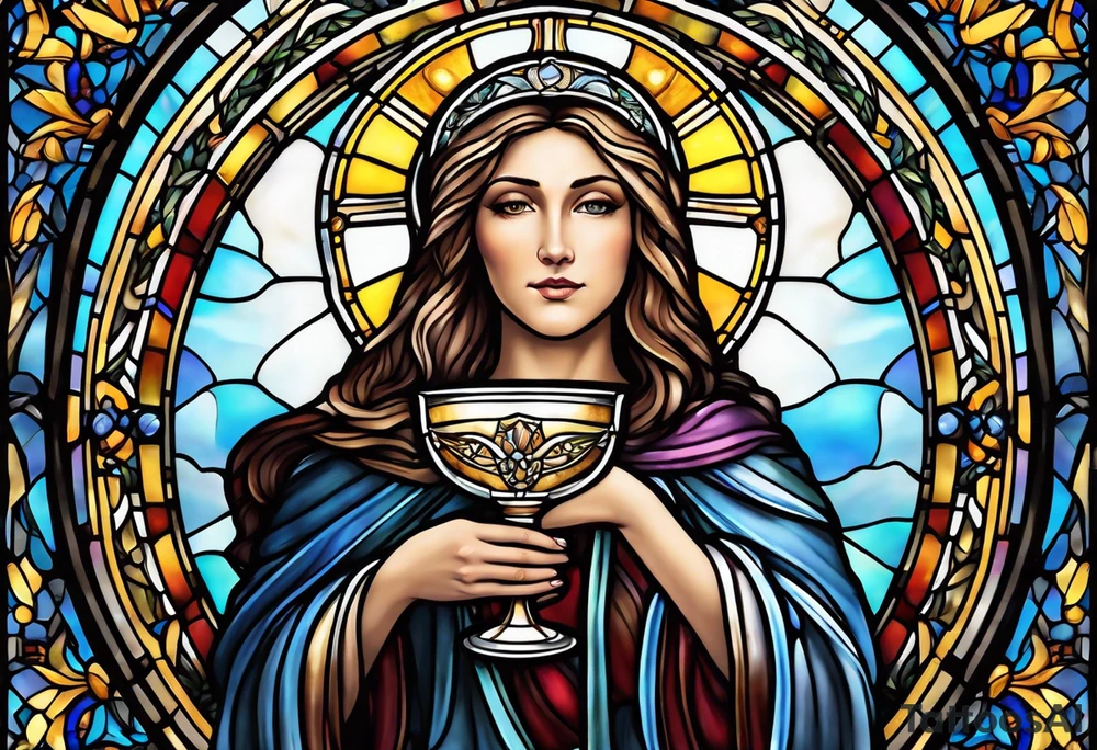 holy saint woman with halo stained glass holding a chalice tattoo idea