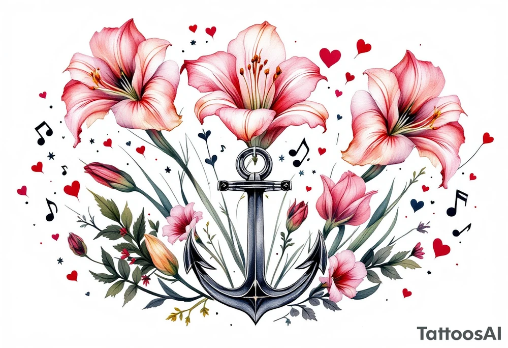 «En del av deg for evig tid!
Pappa 20.12.24» Surrounded by long gladiolus, hearts, notes and an anchor. tattoo idea