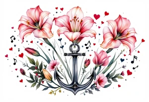 «En del av deg for evig tid!
Pappa 20.12.24» Surrounded by long gladiolus, hearts, notes and an anchor. tattoo idea