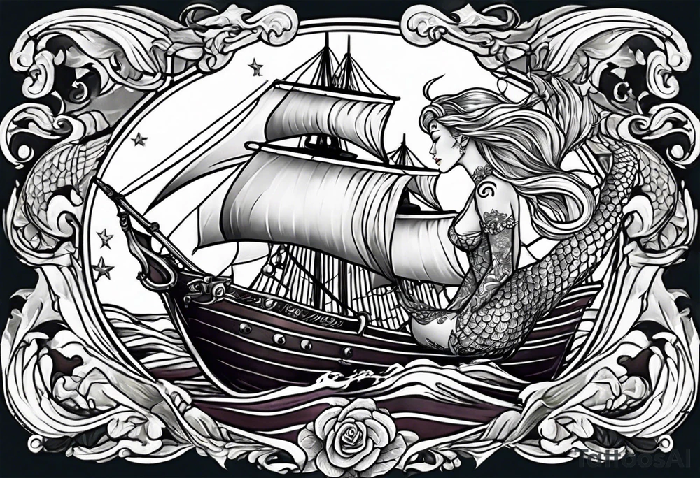 mermaid with galleon ship tattoo idea