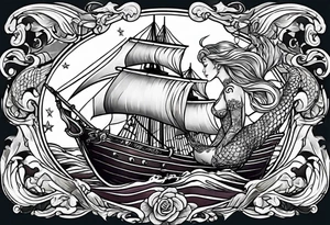 mermaid with galleon ship tattoo idea