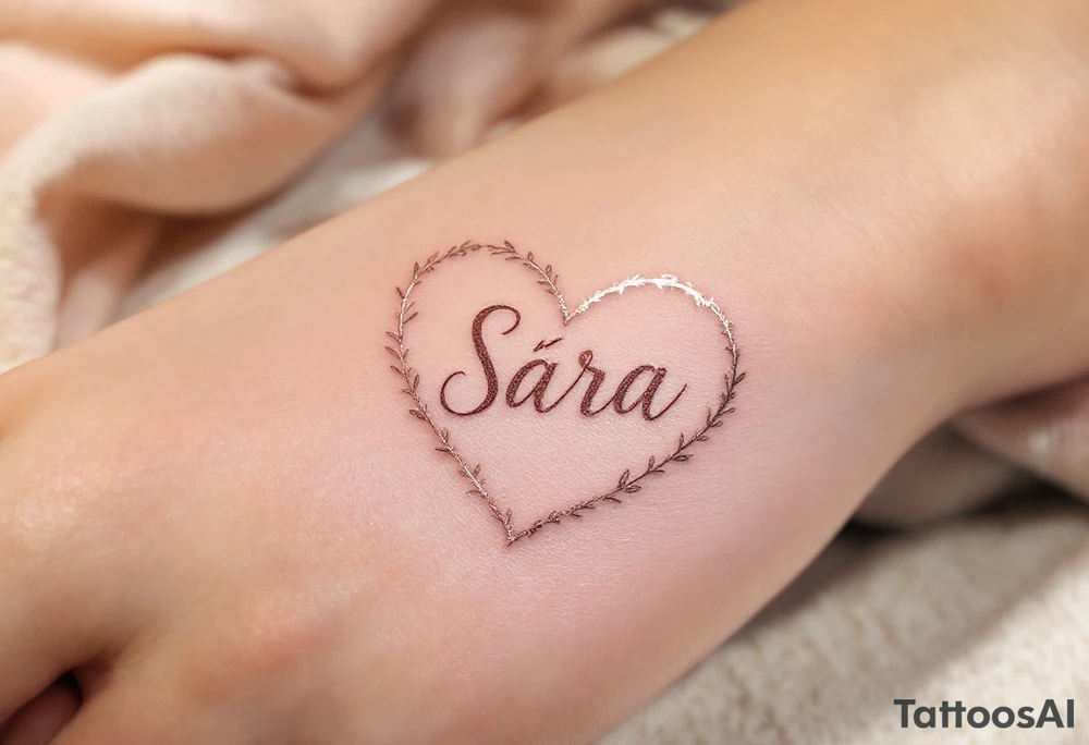 A heart shaded in rose gold with Sára in a handwritten-style font inside. tattoo idea