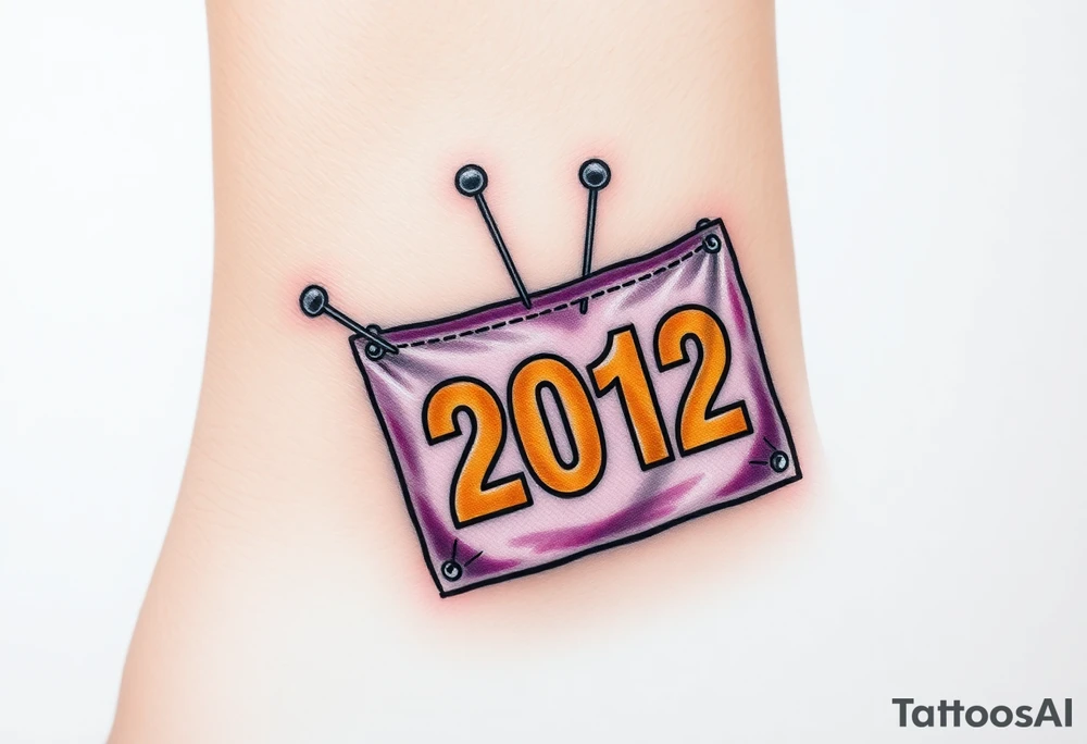 Safety pins through the skin attaching a running bib with 2012 and purple and gold accents tattoo idea