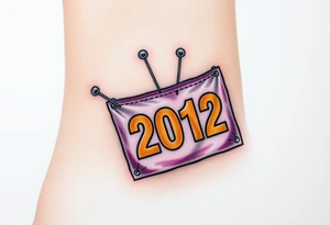Safety pins through the skin attaching a running bib with 2012 and purple and gold accents tattoo idea