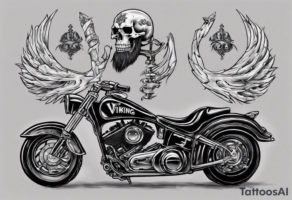 I want a tattoo of a motorcycle and a skeleton in the back with the name “Viking Customs” incorporated in the design tattoo idea