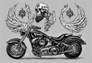 I want a tattoo of a motorcycle and a skeleton in the back with the name “Viking Customs” incorporated in the design tattoo idea