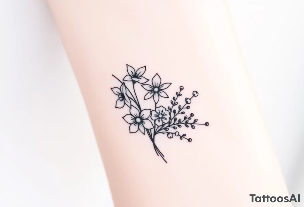 Bouquet of birth months flowers Lilly of the valley, daffodil, larkspur and Ilex aquifolium with berries tattoo idea