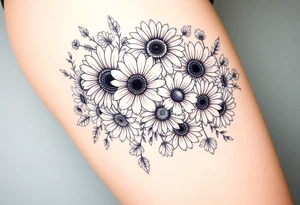 Bouquet of sunflowers, water Lillies, dahlias, marigolds, carnations, hydrangeas, daisys, and chrysanthemums tattoo idea