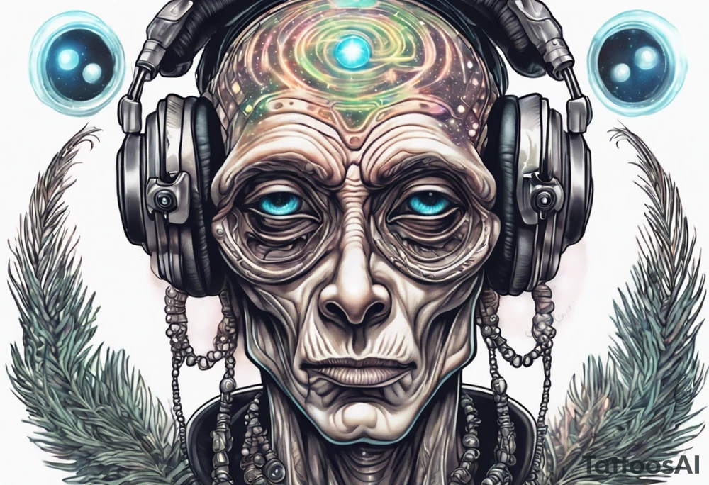 A realistic portrait of an extraterrestrial DJ with a glowing pineal gland tattoo idea