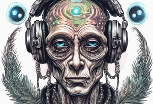 A realistic portrait of an extraterrestrial DJ with a glowing pineal gland tattoo idea