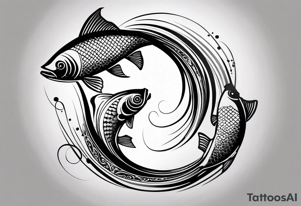 Design a half-sleeve tattoo in a smooth, shaded style with black and grey tones. The central focus is two fish swimming in a circular motion, like a yin-yang, gracefully moving in a loop. The fish should have flowing tails and fins, with soft shading that gives a sense of motion and balance.

Surround the fish with a bed, where a man is lying down but his feet stick out, symbolizing discomfort or not fitting in. The bed should blend subtly into the background, using minimal lines, to avoid distracting from the fish. The sheets or bed frame should flow into the circular motion created by the fish.

Add an astronaut floating nearby, connected to the bed scene. The astronaut should appear weightless, as if drifting in space, with their posture relaxed and slightly tilted, fitting within the circular flow of the fish. Clouds should form softly around the astronaut and the bed, blending into the scene to create a dreamy, ethereal background.

From one side of the circular fish motion, flames should emerge, adding dynamic energy to the design. The flames should be subtle but lively, with light shading, balancing the softness of the clouds with some intensity.

Finally, include the text "MMIX" in bold, sketchy font either below or beside the main design. The text should be clear but in harmony with the hand-drawn style of the fish and flames. tattoo idea