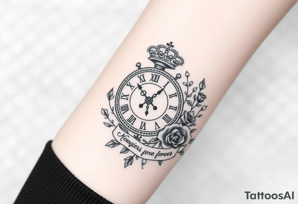 Broken Roman clock with a crown, surrounded by  roses and a quote that says nothings forever and with playing cards tattoo idea