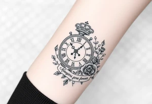 Broken Roman clock with a crown, surrounded by  roses and a quote that says nothings forever and with playing cards tattoo idea