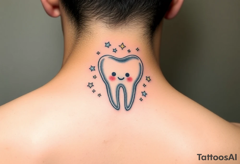 A kawaii-style molar tooth floating inside a crystal bubble with tiny stars and a gentle rainbow glow, watercolor effect.” tattoo idea