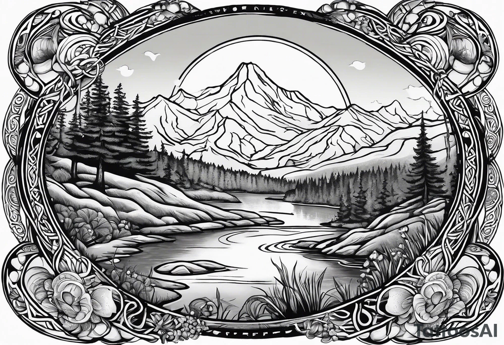 Whole picture encircled fully

Straight long blonde hair hippie girl in distance holding mushrooms in hand facing away toward mountains and creek surrounded by mushrooms long sleeve shirt and hiking pants; whole rendering within a full celtic circle, no cut off circle tattoo idea