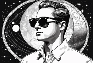 Joseph Smith Jr. wearing a Dartmouth College shirt, and hypnotic looking sunglasses, with a solar system background tattoo idea