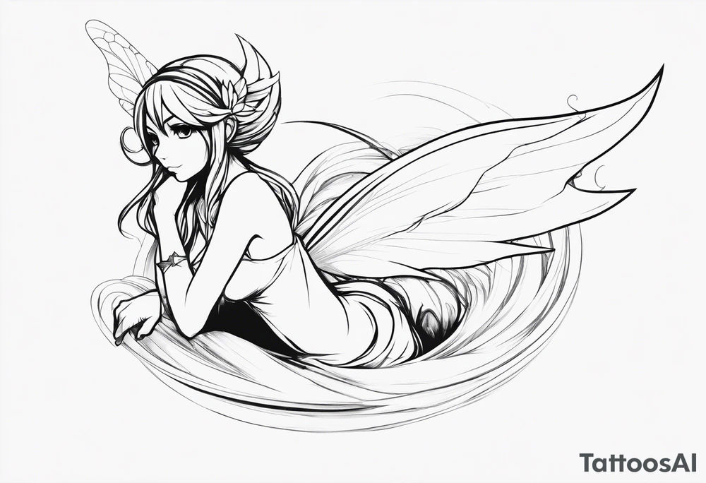 No color sketch of a fairy with a tail inspired by the guild symbol in the anime show called Fairy Tail in a fetal position leaning forward while crawled in and her body is an angle while floating in the air with big wings tattoo idea