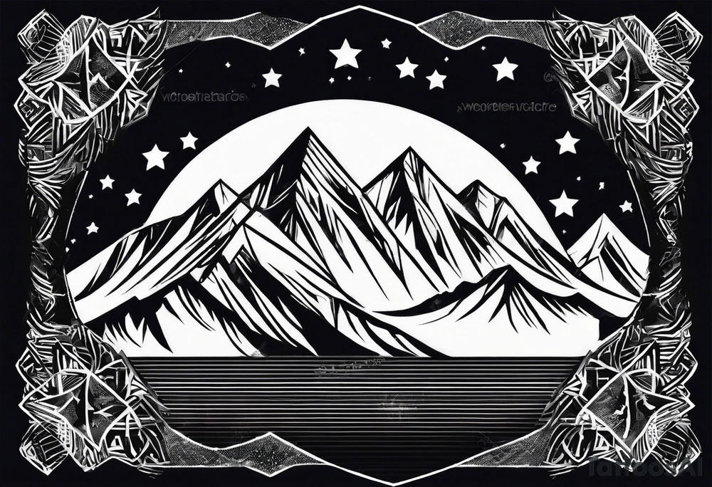 Mountain Massif, one Peak, only peak surrounded woth semi circle dashed Line, in semi circle two littel fine Stars, waves overlapping in Side, Open geometrical Forms Like Diamond with Open lines tattoo idea