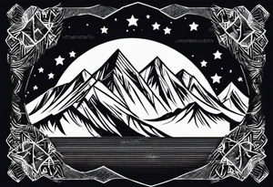 Mountain Massif, one Peak, only peak surrounded woth semi circle dashed Line, in semi circle two littel fine Stars, waves overlapping in Side, Open geometrical Forms Like Diamond with Open lines tattoo idea