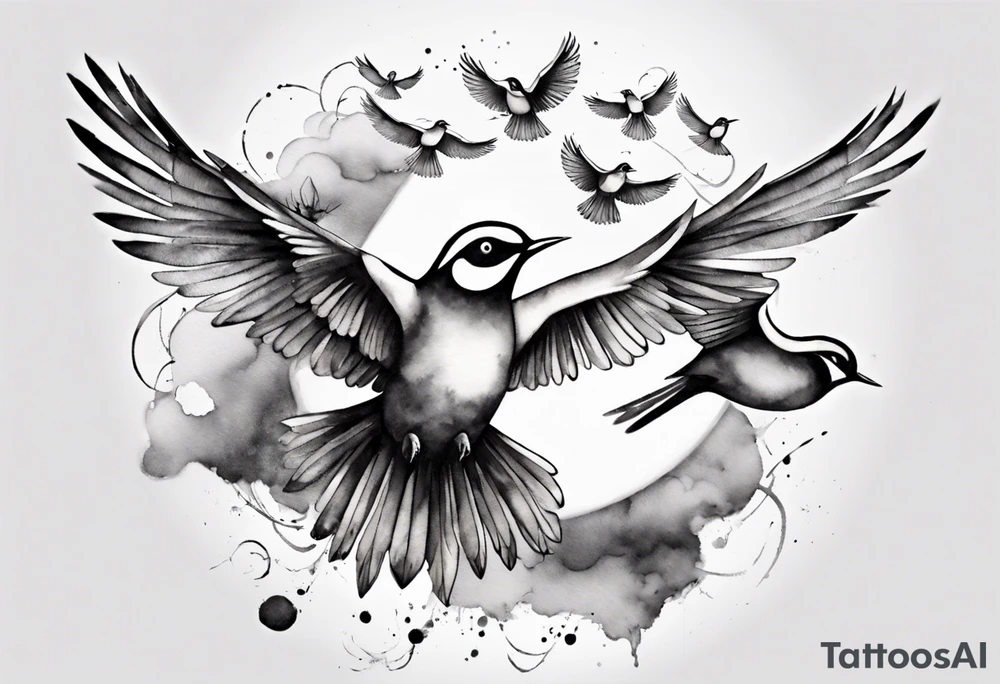 shoulder tattoo with light rays with birds flying free among the clouds, round shape, 3d effect tattoo idea shoulder tattoo with light rays with birds flying free among the clouds, round shape, 3d effect tattoo idea