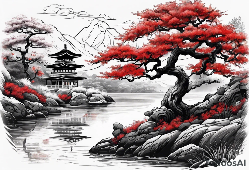 Create an upper arm tattoo of a Red japanese oak tree next to a river with a tiger sitting next to it tattoo idea