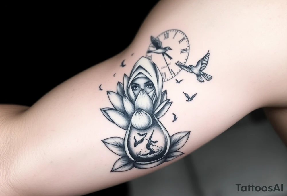 Lotus flower in a hour glass that breaks into flying birds and a clock in background with an arab woman with scarf covering her face tattoo idea