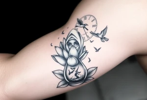 Lotus flower in a hour glass that breaks into flying birds and a clock in background with an arab woman with scarf covering her face tattoo idea