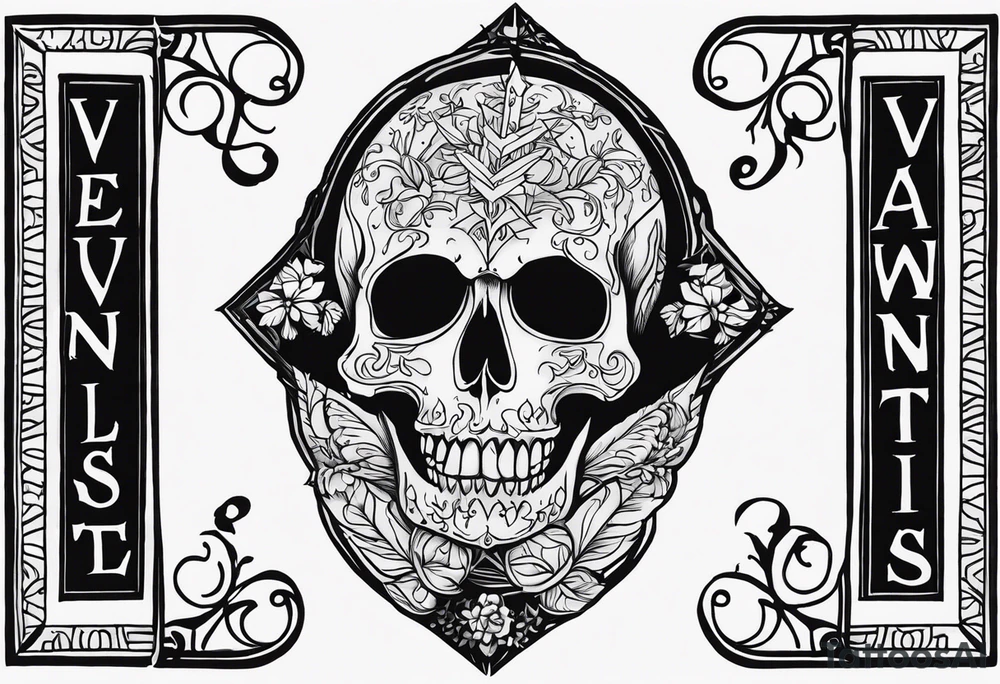 Script Latin that reads "Vectigal Vanitas est, utilitas Sanitas est, Nummus est Rex" tattoo idea
