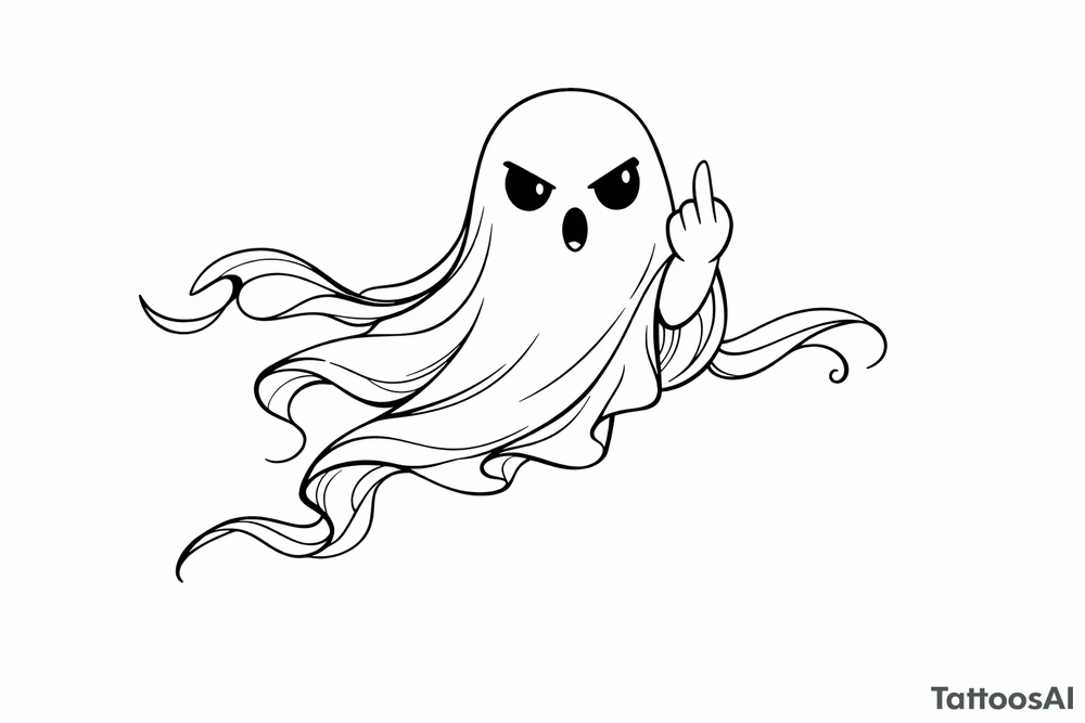 Playful ghost with middle finger, flowing ribbon, simple black ink outline. tattoo idea