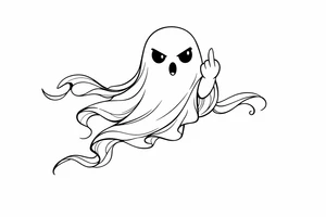 Playful ghost with middle finger, flowing ribbon, simple black ink outline. tattoo idea