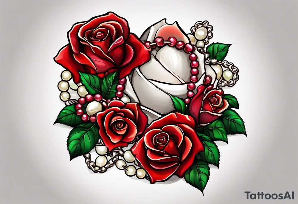 Red roses with a chain made of pearls and seashells tattoo idea
