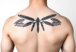 Armband, black geometric pattern, seamless band wrapping around arm with stylized feathers, arrows and wolf teeth in symmetrical arrangement. tattoo idea