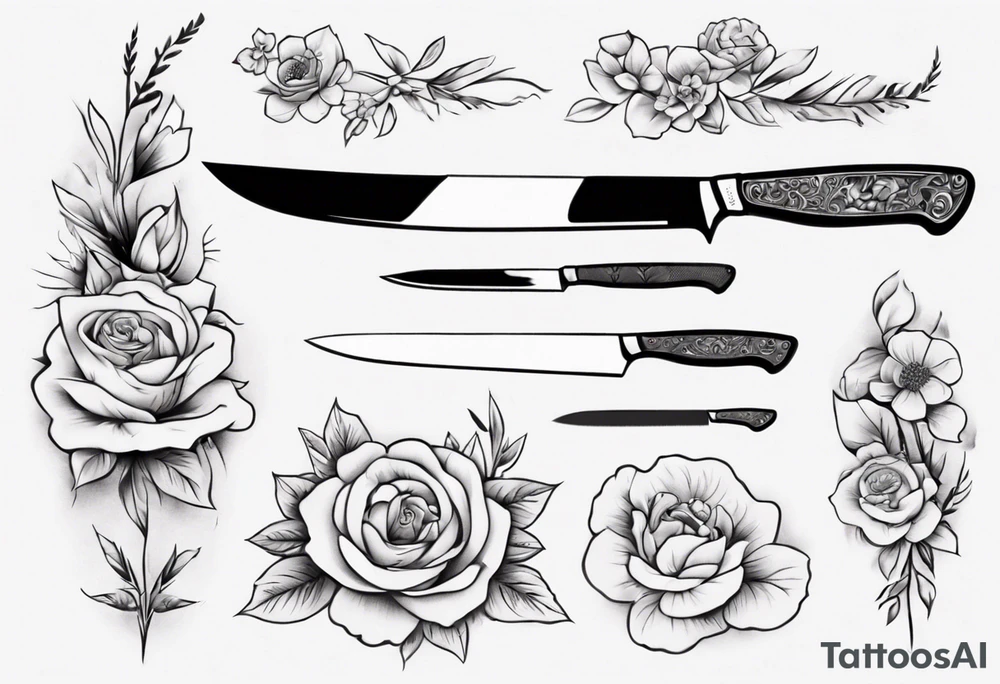chef knife with flowers on the blade tattoo idea