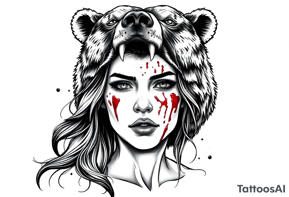 Beautiful Woman with battle scars and blood on face wearing dead bear on head tattoo idea