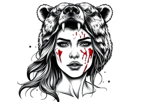 Beautiful Woman with battle scars and blood on face wearing dead bear on head tattoo idea