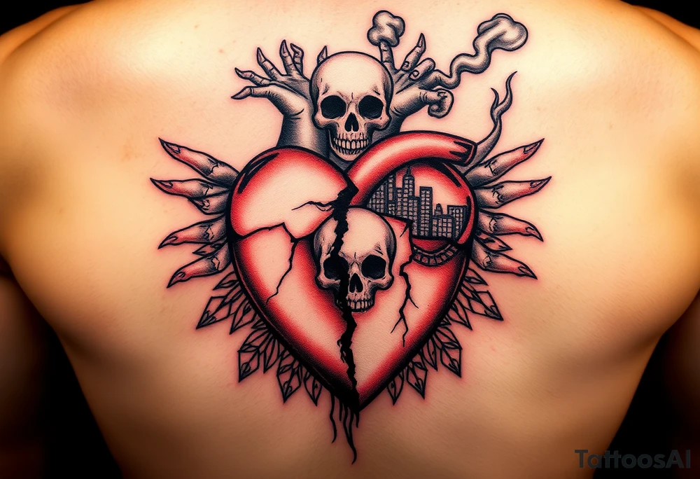 A heart that's half broken holding on by a thread and cracked with mandala art around it a city behind it 3 baby hands smoke and demons a skull floating showing it's a single mom just trying to get by tattoo idea