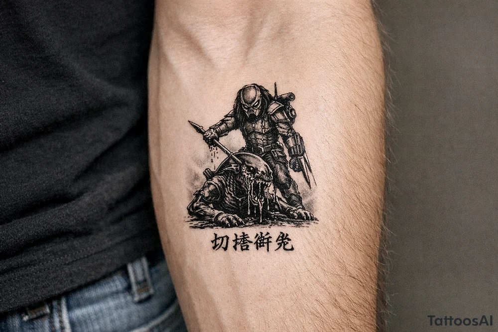 predator killing alien, alien is crawling from the ground. Predator stands up tall, driving his spear with his right hand through the xenomorphs big head with acid coming down. The predator's left shoulder has its laser gun pointed down. the Left forerarm has its famous doubled blade out. Below the image the japanese inscription for kirisute gomen tattoo idea