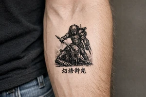 predator killing alien, alien is crawling from the ground. Predator stands up tall, driving his spear with his right hand through the xenomorphs big head with acid coming down. The predator's left shoulder has its laser gun pointed down. the Left forerarm has its famous doubled blade out. Below the image the japanese inscription for kirisute gomen tattoo idea