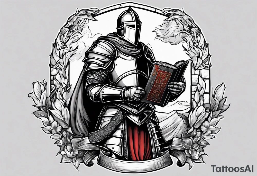 knight holding a bible over his head in combat tattoo idea
