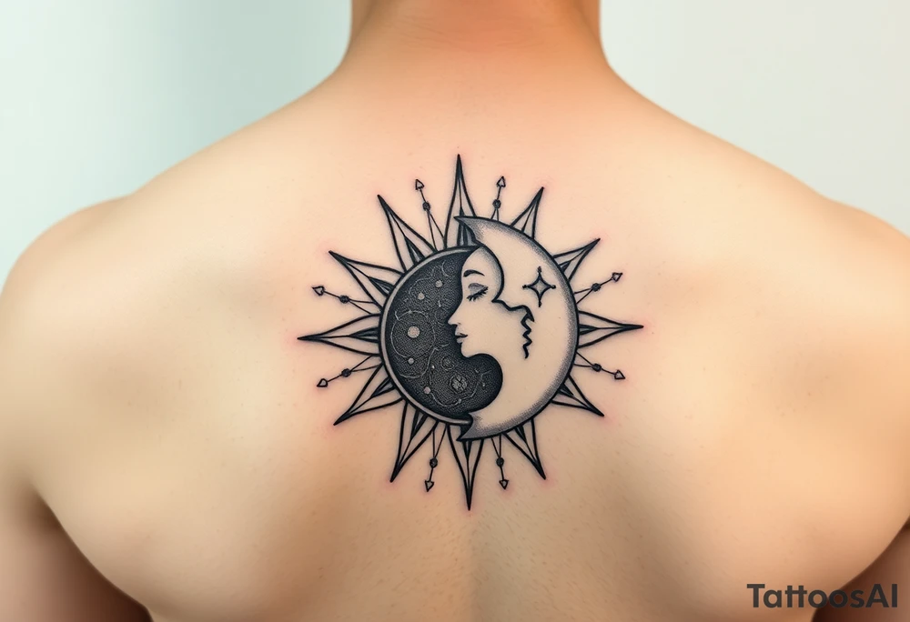 celestial sun and moon embrace with constellation patterns tattoo idea